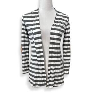 Myobe Cardigan Sweater Long Sleeve Elbow Patches Striped Open Front Gray White S
